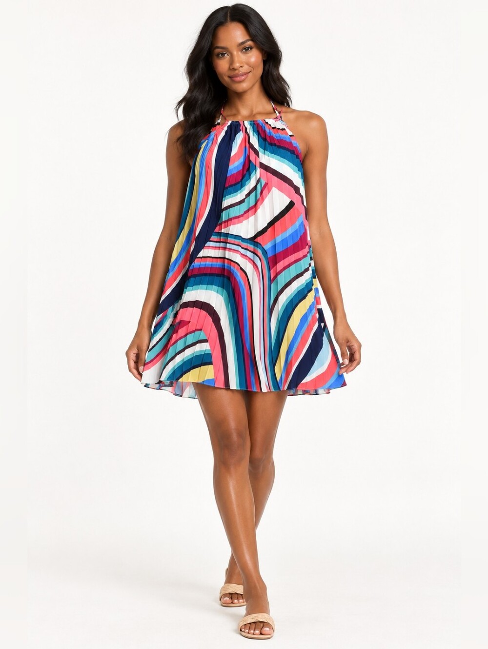 La Blanca Multicolor Pleated Halter Flare Cover-Up Dress